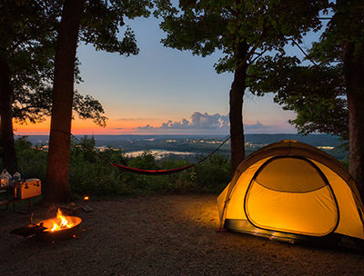 Rental tent set up for scenic overlook camping